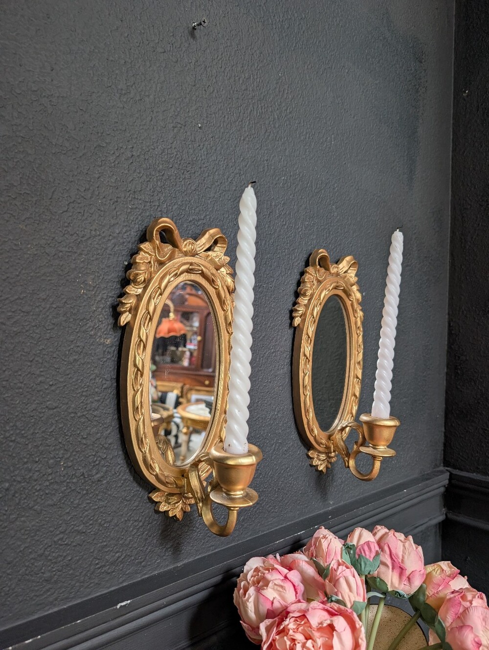 Vintage, set of 2, Hollywood Regency Gold Oval Mirror Sconce - Ornate Bow & Flow
